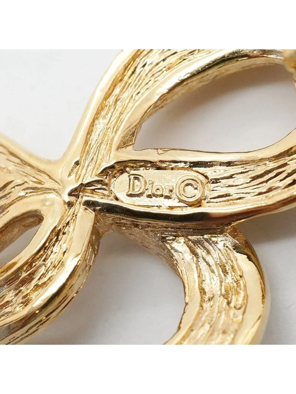 Dior Brooch Ribbon Motif Gold Plated Rhinestone